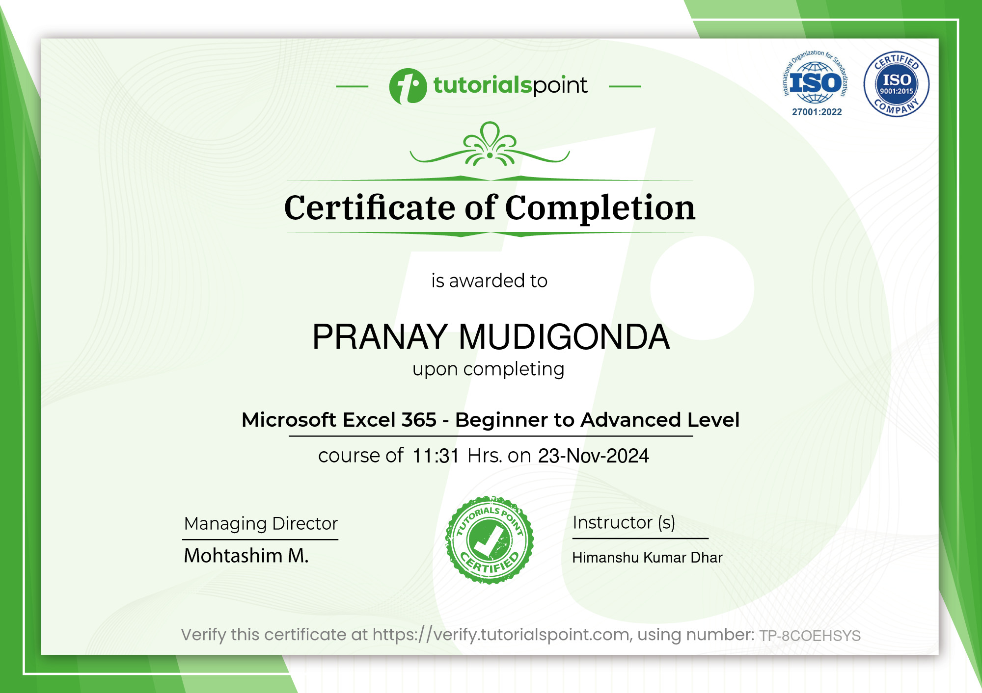 Microsoft Excel 365 - Beginner to Advanced Level