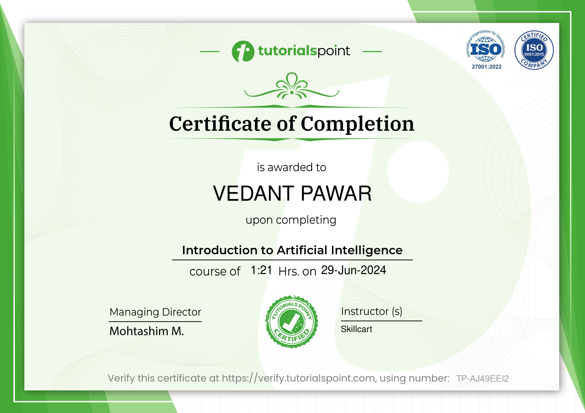 Introduction To Artificial Intelligence: Course